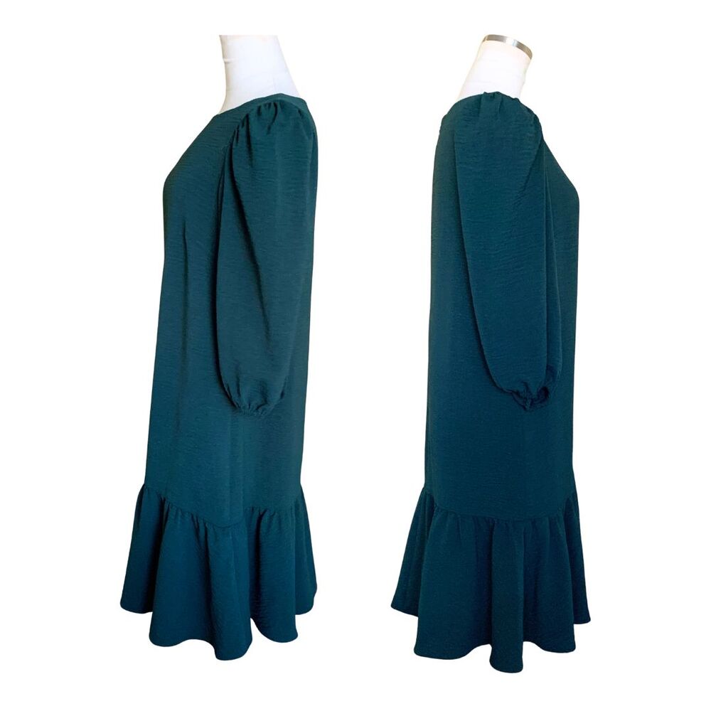 DKNY Puff Sleeve Tiered Midi Dress Dark Green Textured Loose Fit Size 4 - Picture 7 of 14